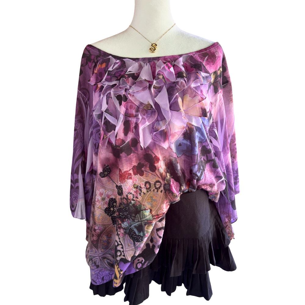 Dressbarn Woman Ruffle Cascade Mixed Print Blouse Purple Pink Plus Size 3X